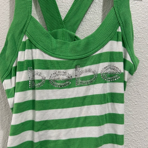Bebe Green and White Studded Logo Rib Knit Top sz Medium - Picture 3 of 8